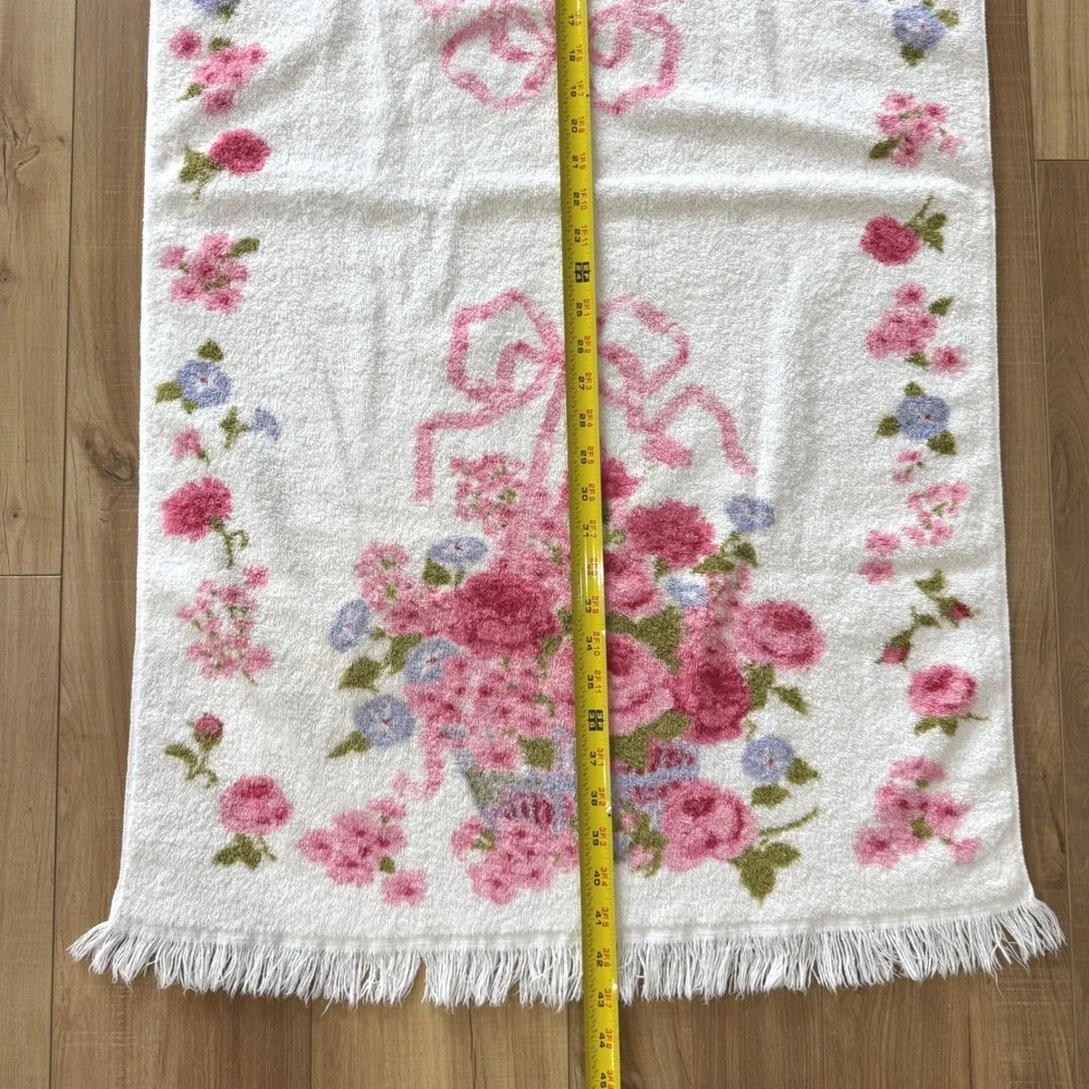 Fieldcrest Vintage Floral Basket Pink Bow Fringed Bath Towel 100 Cotton USA Made